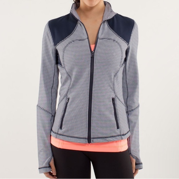 Lululemon "Forme" Jacket Navy Blue & White Stripe Gingham Jacket Luon Size 10 - Picture 1 of 12